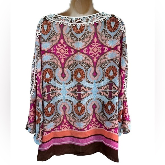 CHICOS Petite Printed Crochet-Detail Top - Picture 8 of 9